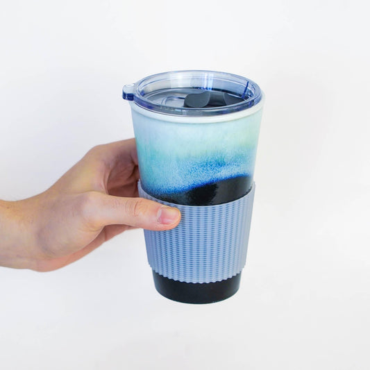 Ceramic Travel Mug With Lid & Sleeve, Black To Go Mug, 15oz Reusable To Go Mug, handcrafted mugs, Birthday Gift For Him MUDxHAND