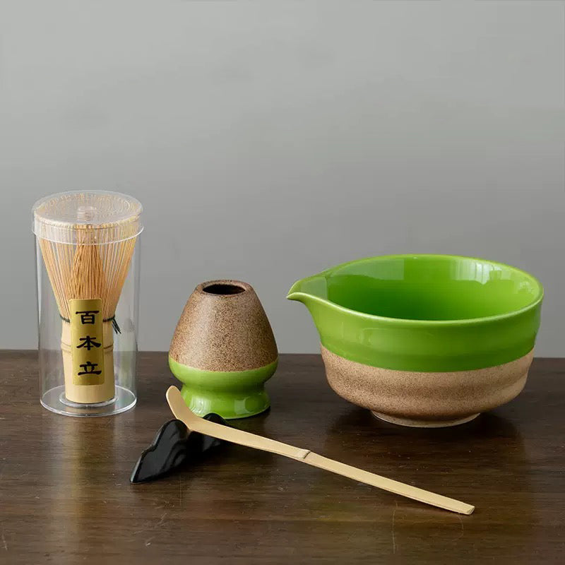 White&Green Pottery Matcha Bowl Set with Spout,Bamboo Whisk Mudhandceramic