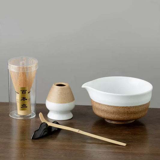 White&Green Pottery Matcha Bowl Set with Spout,Bamboo Whisk Mudhandceramic