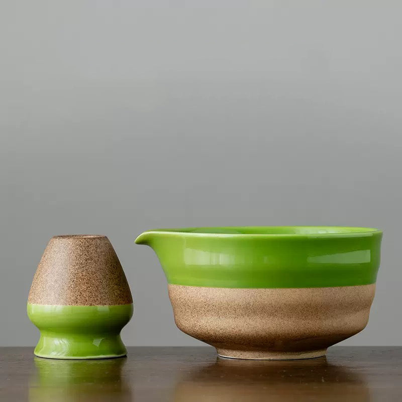 White&Green Pottery Matcha Bowl Set with Spout,Bamboo Whisk Mudhandceramic