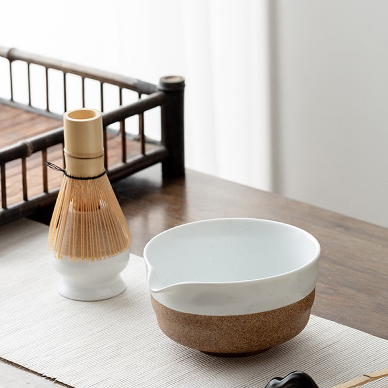 White&Green Pottery Matcha Bowl Set with Spout,Bamboo Whisk Mudhandceramic