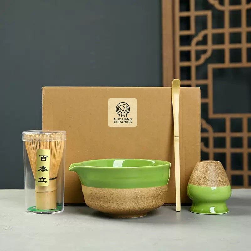 White&Green Pottery Matcha Bowl Set with Spout,Bamboo Whisk Mudhandceramic