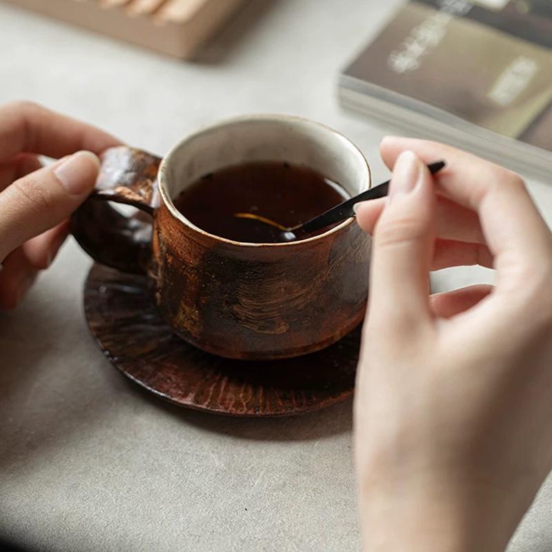 Ceramic Mug with Saucer,Make-up clay mug set,tea cup with saucer, expresso mug set ,5oz Latte Mug set,Mug with handle,Coffee Lover Gift