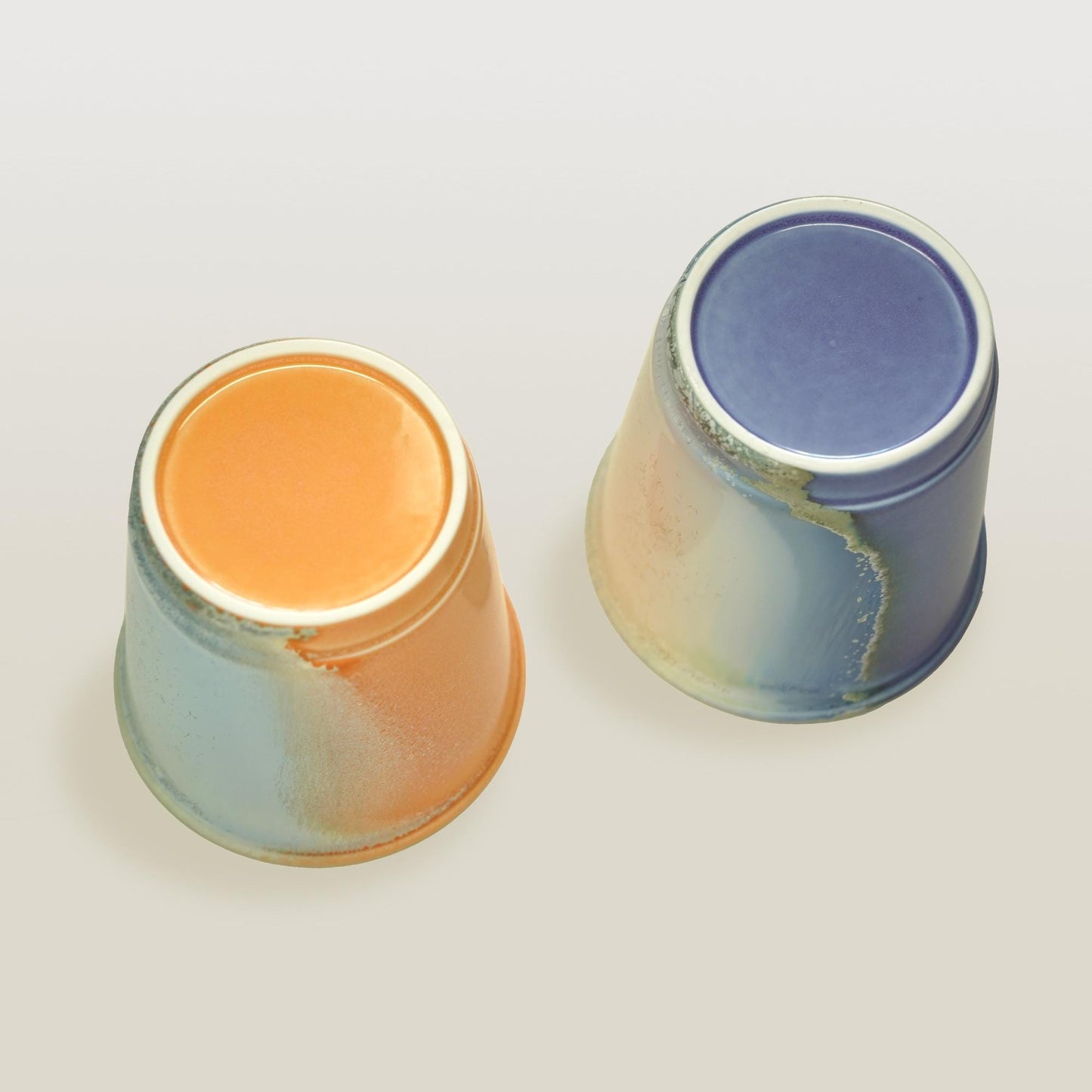 bottom purple orange comparison  reusable to-go mug with white lid -  smoothies. Ergonomic grip, eco-friendly stoneware.Potery travel mug,Ceramic Travel Mug With Silicone Lid,Orange Reusable Pottery To Go Mug,take away mug,Artwork gift for her,take away cup