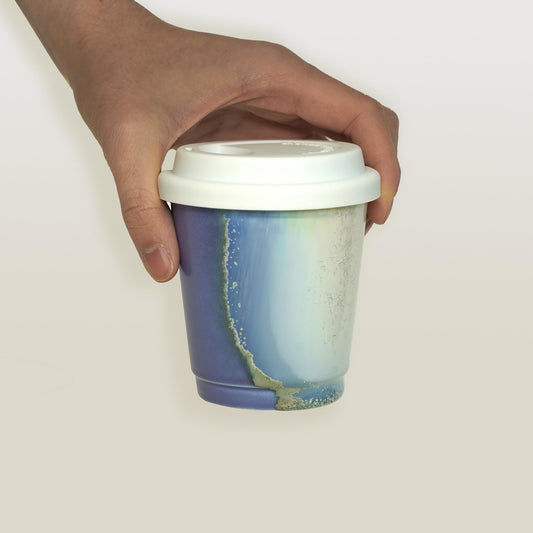 9oz purple reusable mug with white silicone seal - Perfect single-serve size for lattes. Leed-free ceramic, dishwasher safe