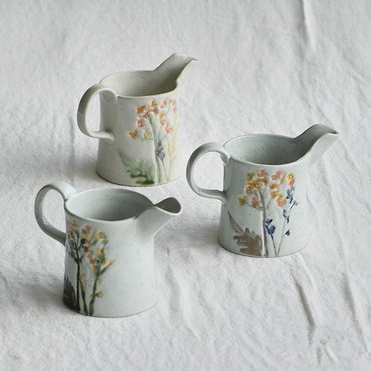 Hand-Painted Floral Ceramic Pitcher: Rustic Kitchen Decor, coffee and milk pot, Milk Pitcher, Ceramic Creamer Pot, vintage coffee jug MUDxHAND
