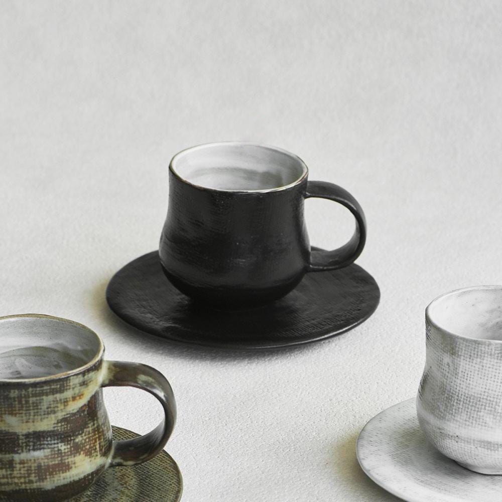 Ceramic Coffee Mug with Saucer Set: Espresso Cup, Textured Glaze Three color MUDxHAND