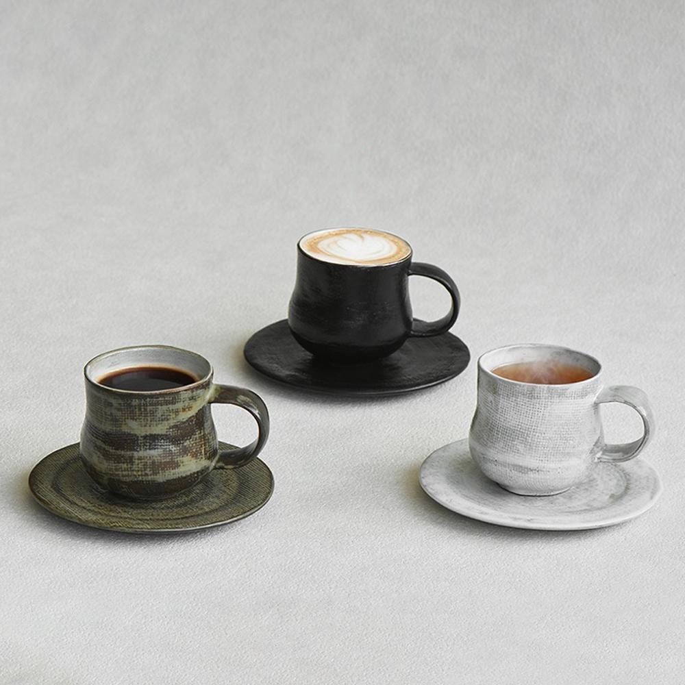 Ceramic Coffee Mug with Saucer Set: Espresso Cup, Textured Glaze Three color MUDxHAND