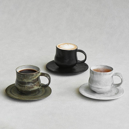 Ceramic Coffee Mug with Saucer Set: Espresso Cup, Textured Glaze Three color MUDxHAND