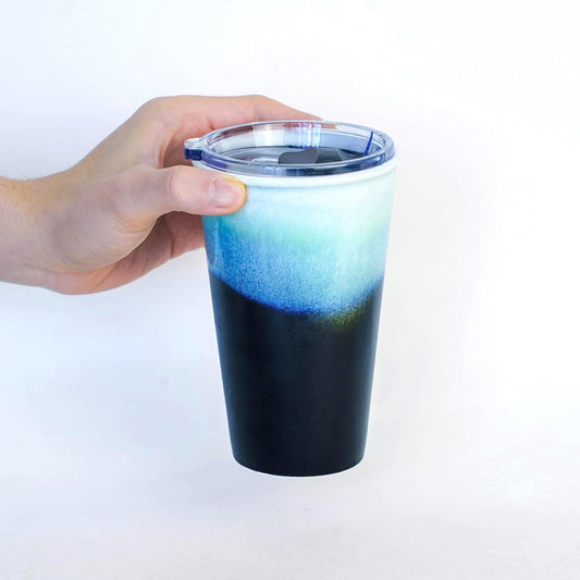 Ceramic Travel Mug With Lid & Sleeve, Black To Go Mug, 15oz Reusable To Go Mug,  handcrafted mugs, Birthday Gift For Him MUDxHAND